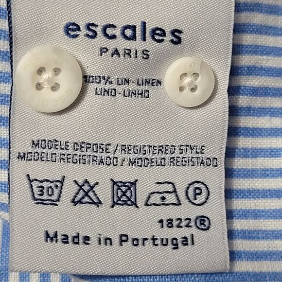 Escales Paris Limited Edition Linen Shirt Mens Size XL Button Up Blue Striped - Picture 12 of 12